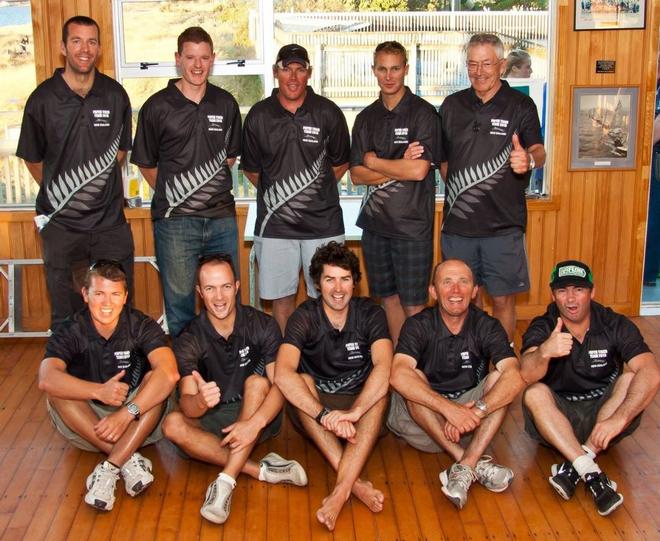 NZ Team - 2013 Internationals.  Back (L to R): Dave Shaw, Scott Pedersen, Scott Barker, Hayden Percy, Ian MacLennan.  Front (L to R): Richard Dent, Scott Hodges, Rowdy Leatham, Peter Robins, Mike Hood - 2013 Swire Shipping International Paper Tiger Catamaran Championships © Phil Benge